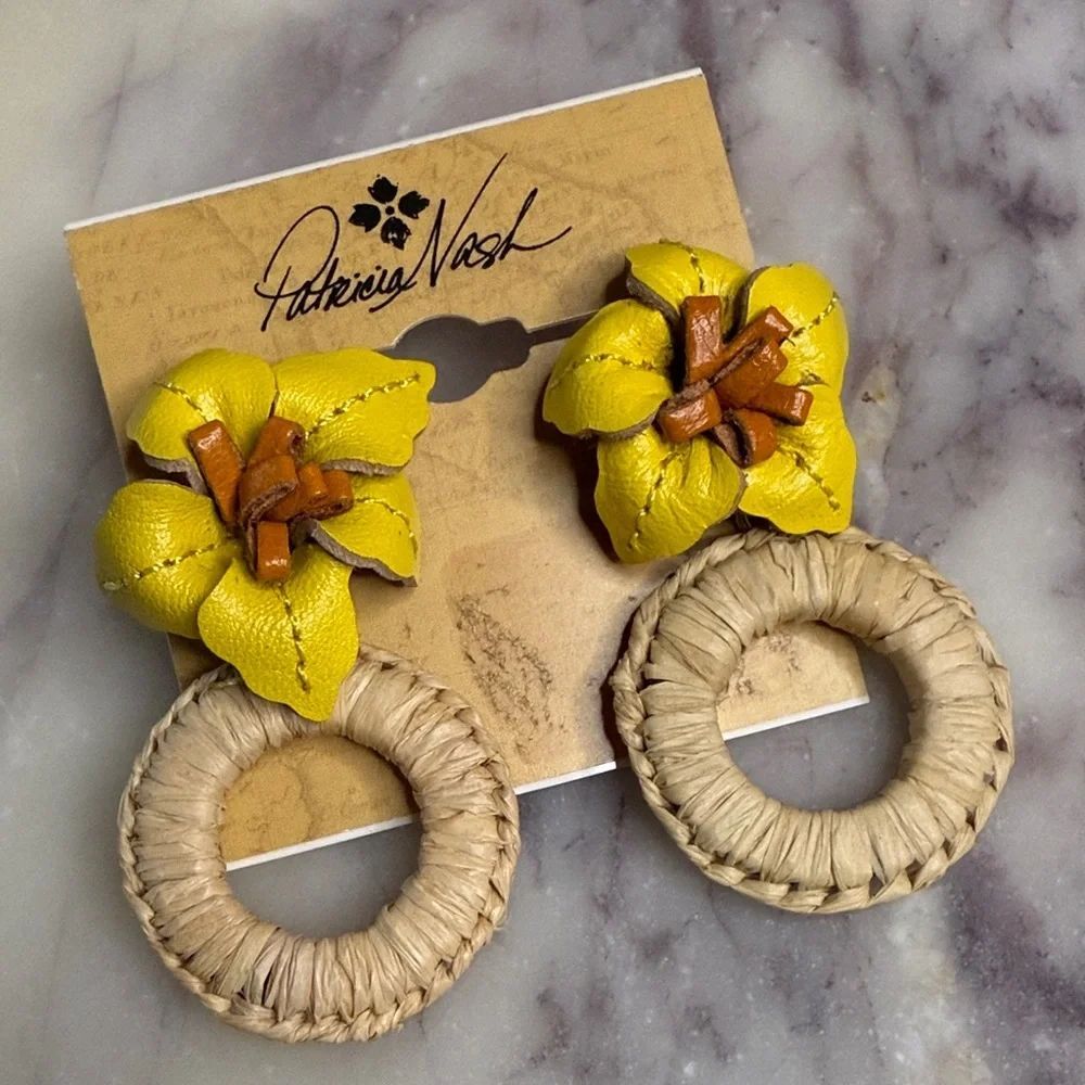 Patricia Nash Yellow Leather Flower Earrings with Woven Hoop